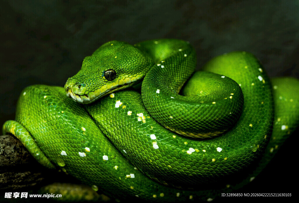 翠绿斑点蛇盘绕树枝间