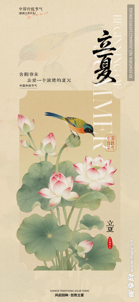 立夏水墨风荷花小鸟海报设计