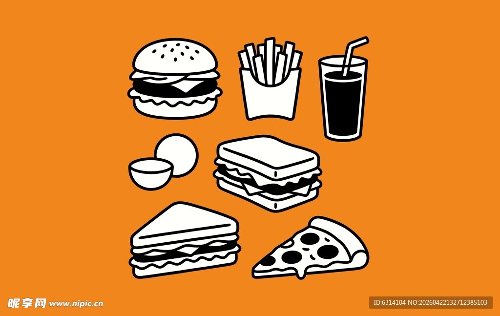 矢量线稿多样快餐美食图标集合
