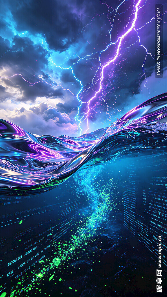 梦幻闪电下的奇幻山水景观