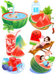 夏天夏日西瓜游泳场景免抠插画元