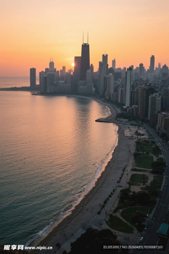 芝加哥城市日落海滩湖湖泊米歇尔