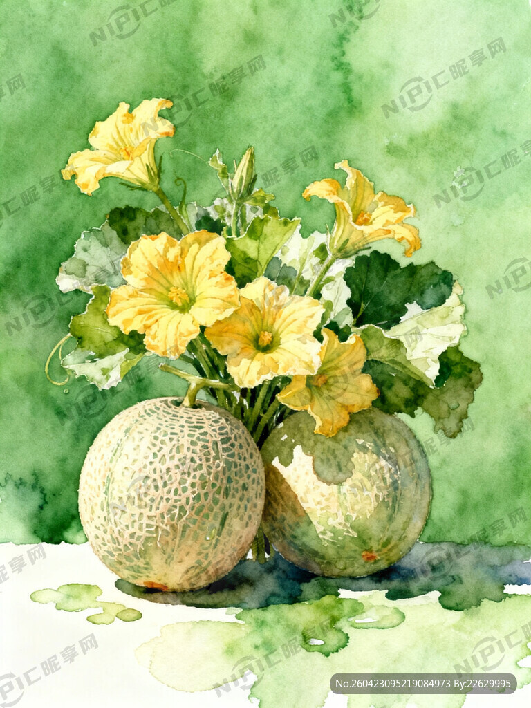 绿色背景 甜瓜花束 细节清晰