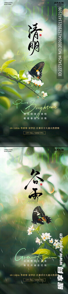 清明谷雨蝴蝶节气海报