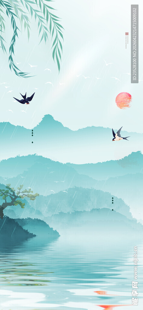 水墨山水间飞鸟伴柳景