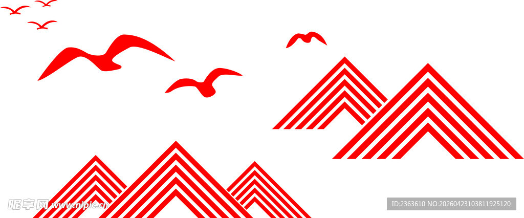 红色山峦飞鸟简约风景图