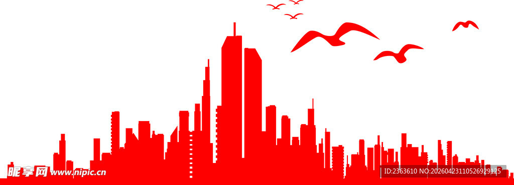 红色城市剪影与飞翔群鸟