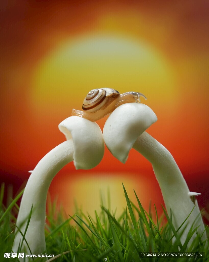 夕阳下草地上的蜗牛与蘑菇