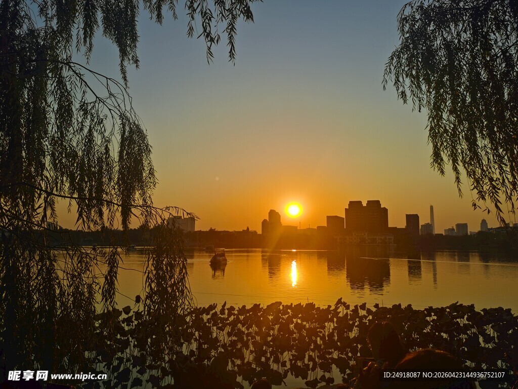 湖畔夕阳垂柳美景如画