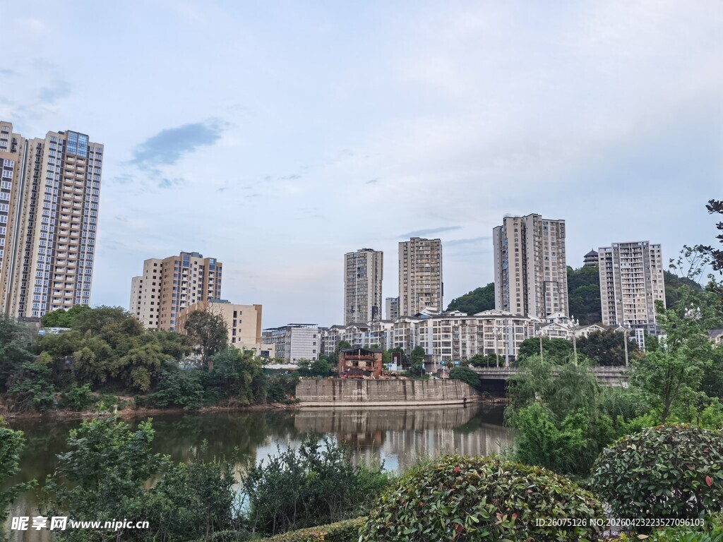 城市河畔景观高楼伴绿植