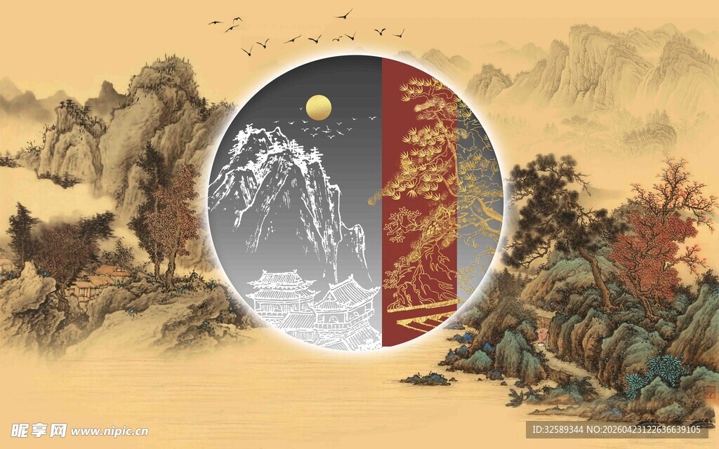 中式山水圆月古典意境图