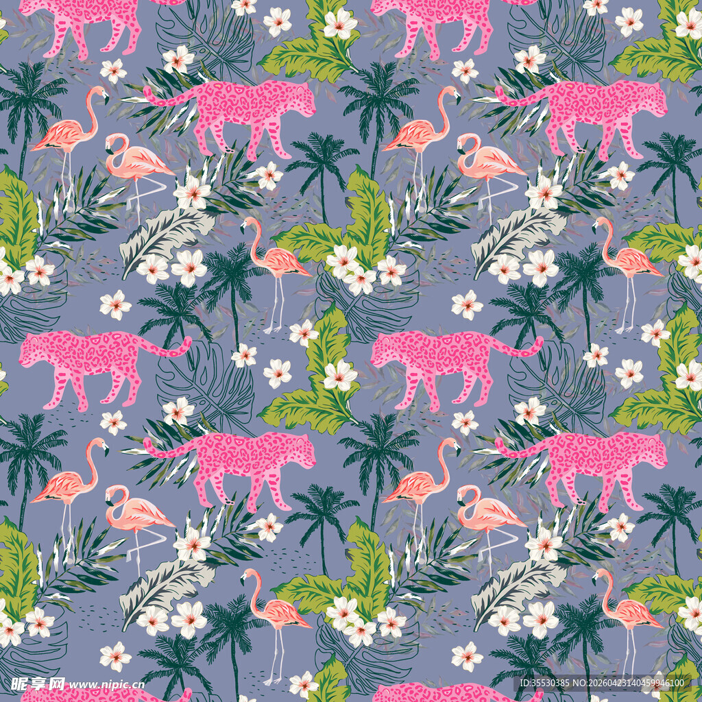 粉色猎豹花卉热带风图案