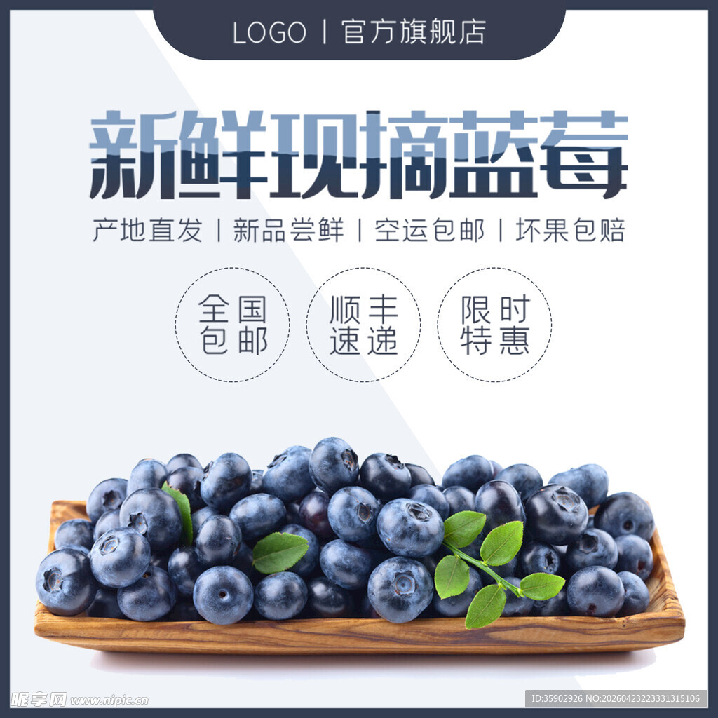 新鲜现摘蓝莓美味诱人