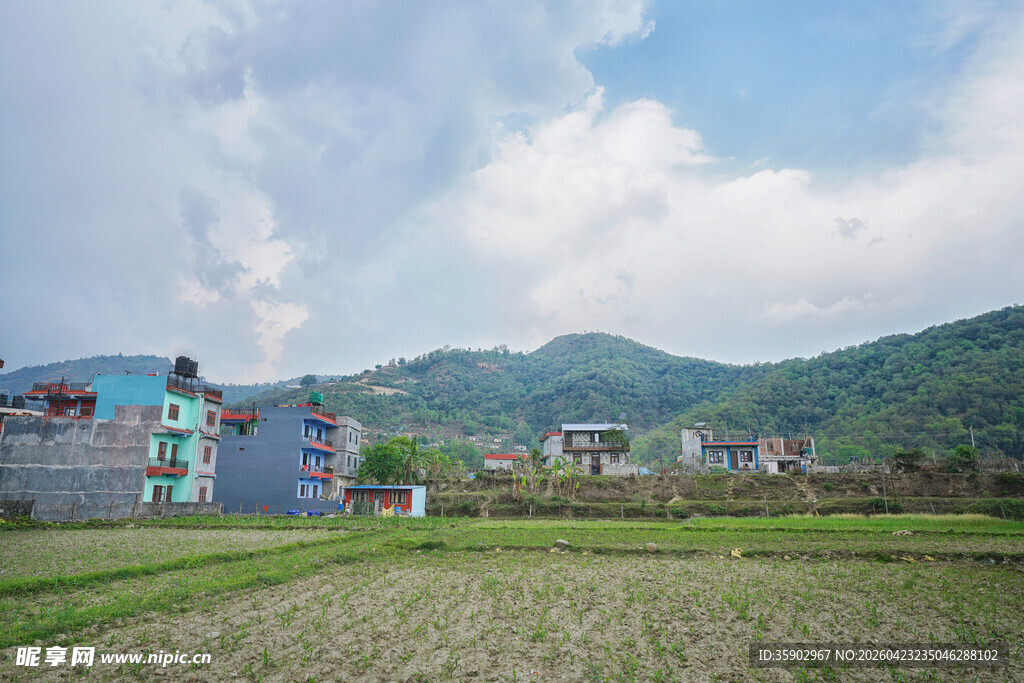 乡村田野与彩色建筑景观