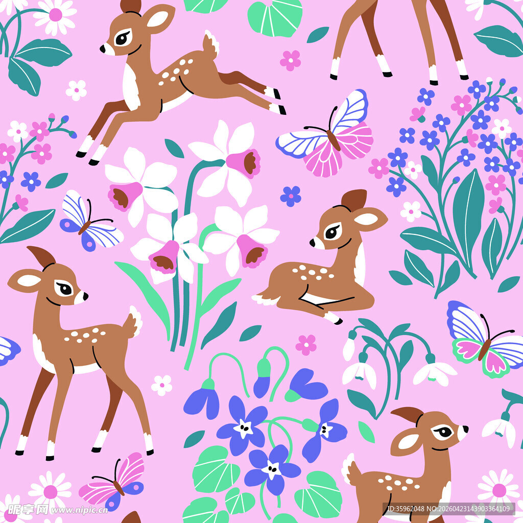 小鹿花卉梦幻图案背景