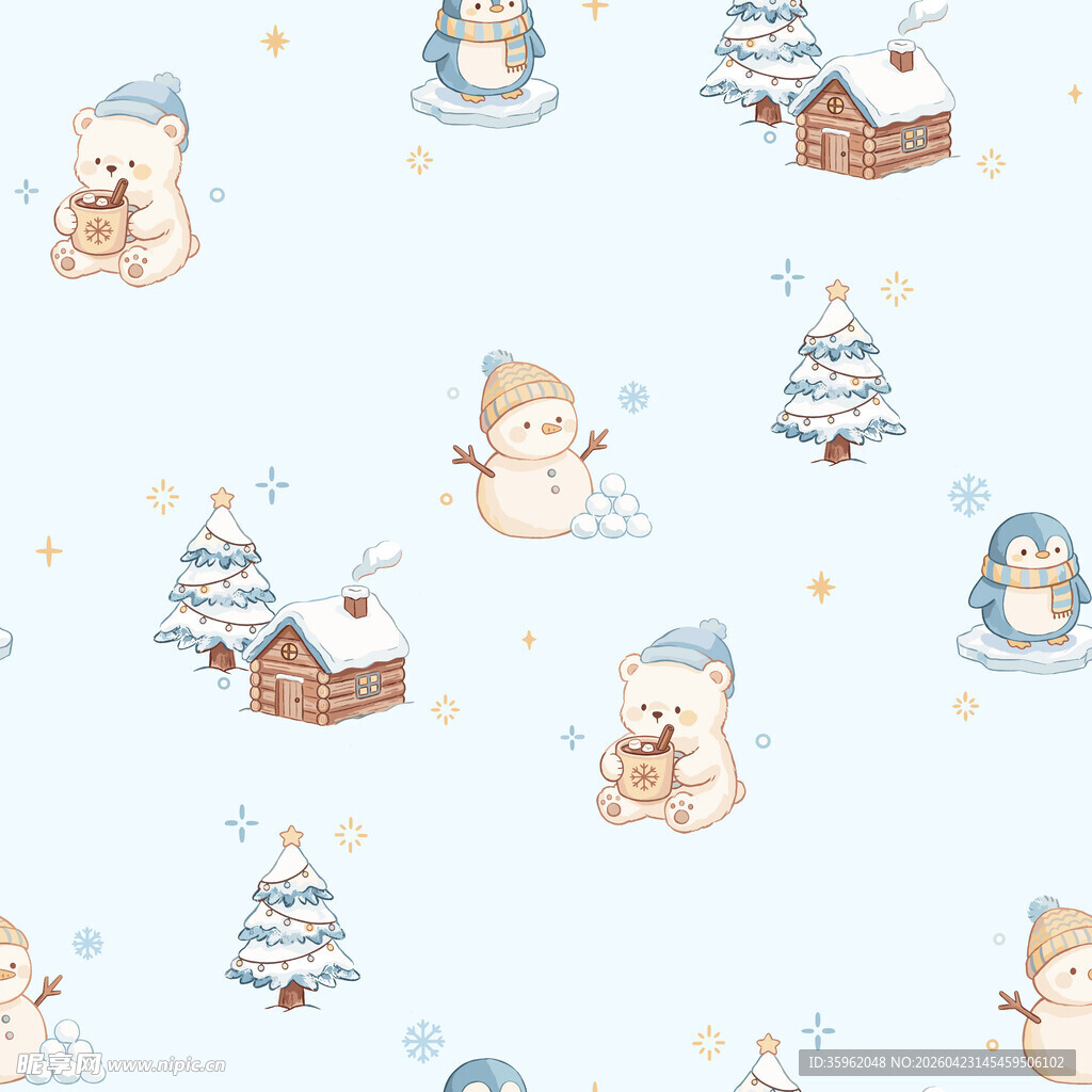 冬日雪人雪景无缝图案
