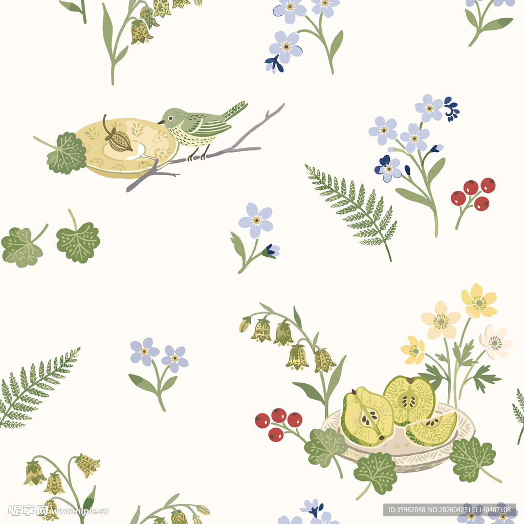 清新花鸟植物无缝图案