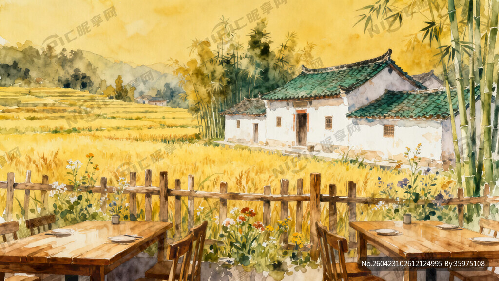 田园 古建筑适合餐厅墙画