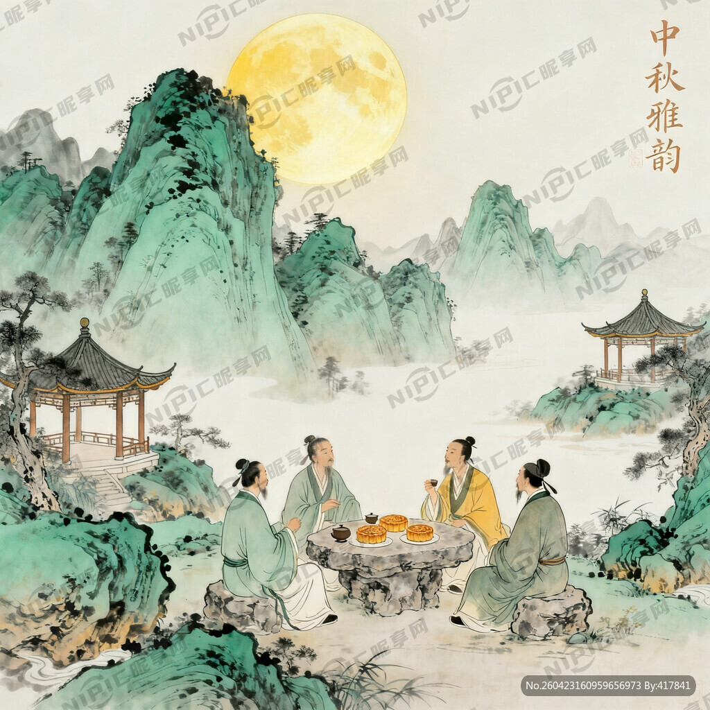 工笔山水插画 关于中秋节风格的
