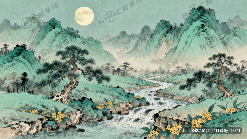 工笔山水插画 关于中秋节风格的
