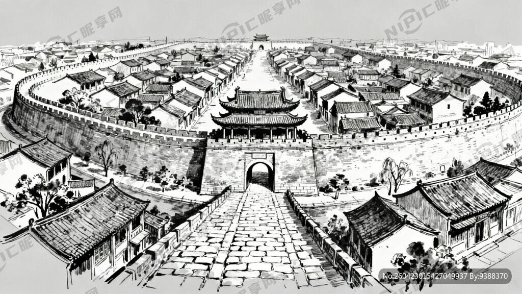 手绘古城线条图