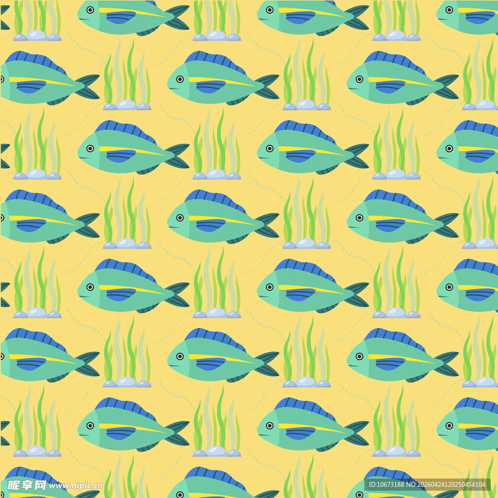 黄色背景鱼群水草图案