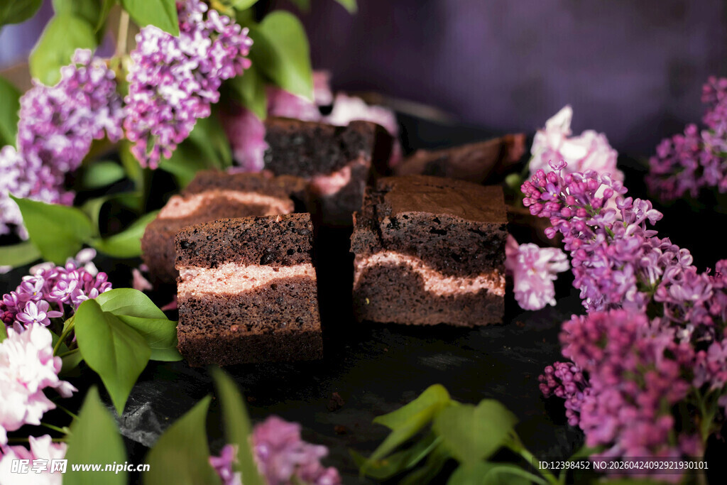 巧克力蛋糕配紫丁香花