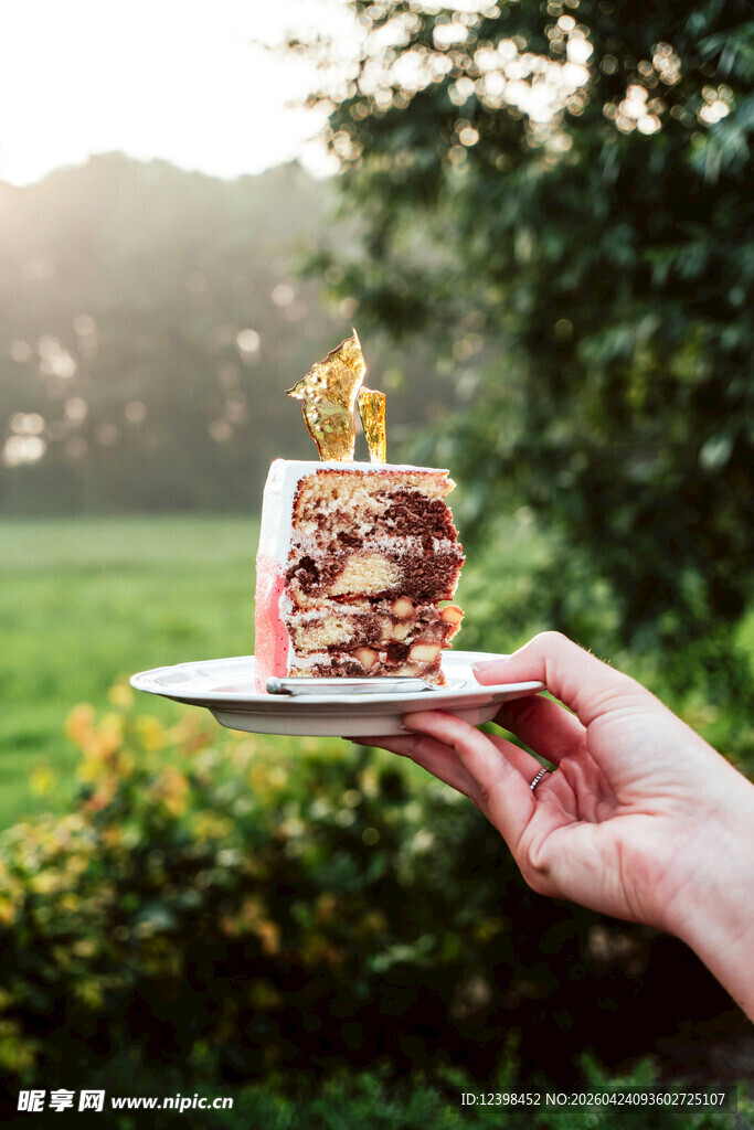 户外手持美味多层蛋糕