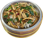 蒜苗香干肉丝木桶饭