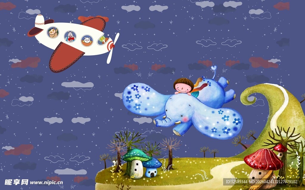 梦幻天空中的童趣飞行场景