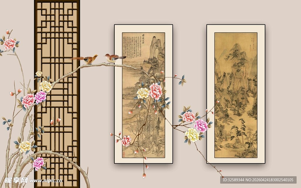 中式挂轴画雅致屏风花卉