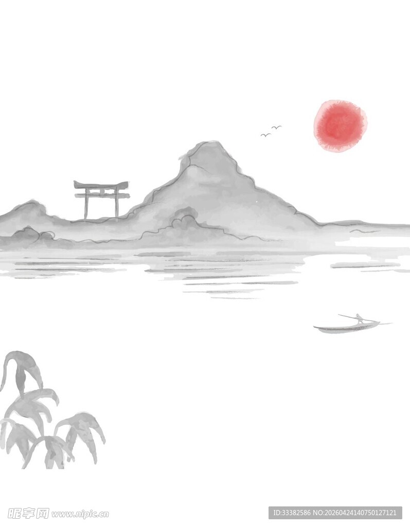 水墨山水间的落日景致