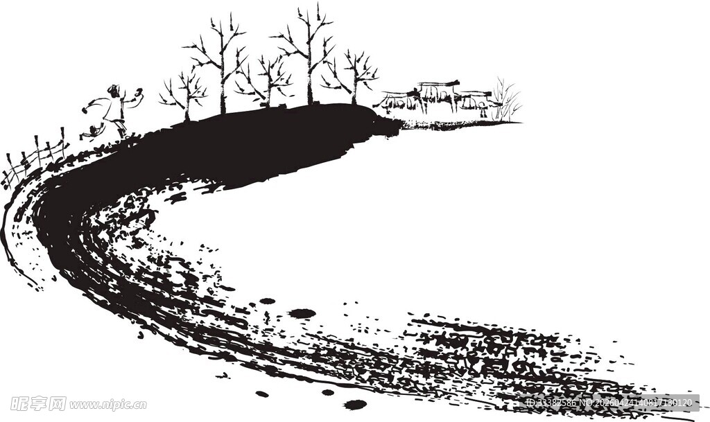 蜿蜒道路旁的稀疏树木