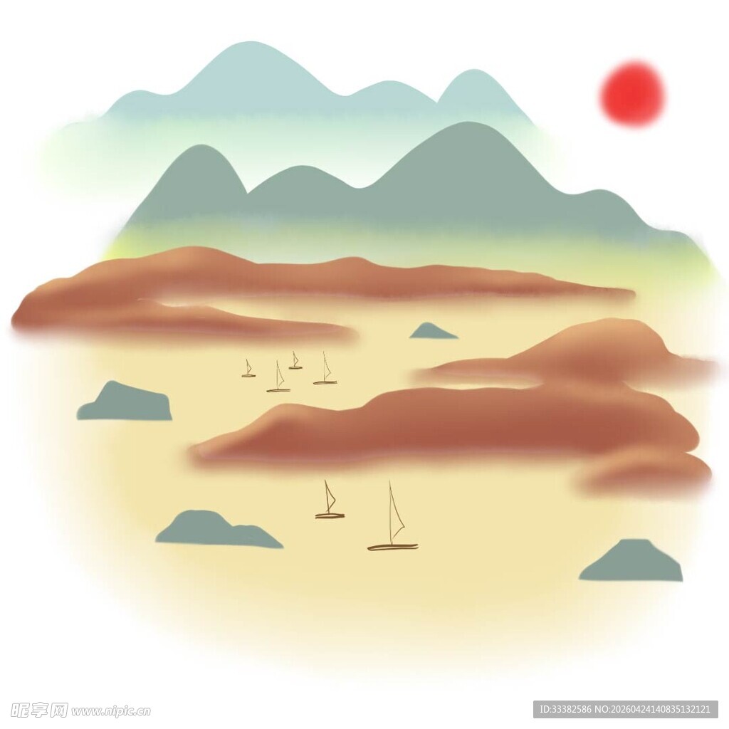 山水间的红日与行舟