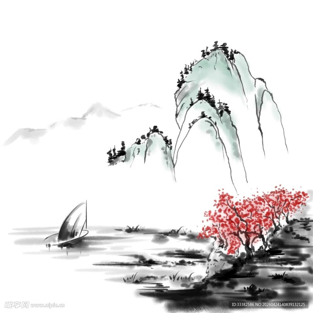 水墨山水间的红树与孤舟