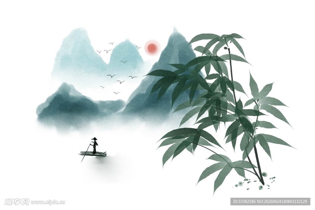 水墨山水间的竹影扁舟