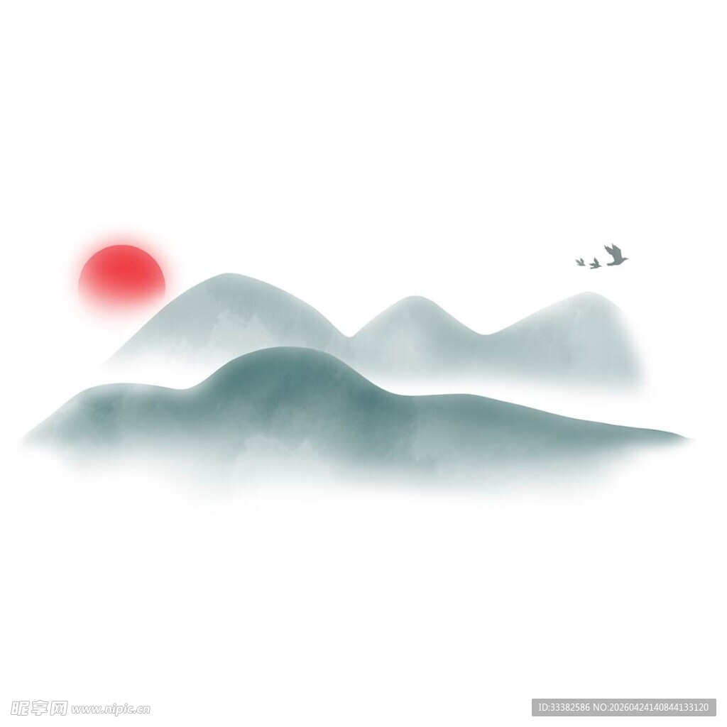 水墨山水间的红日飞鸟