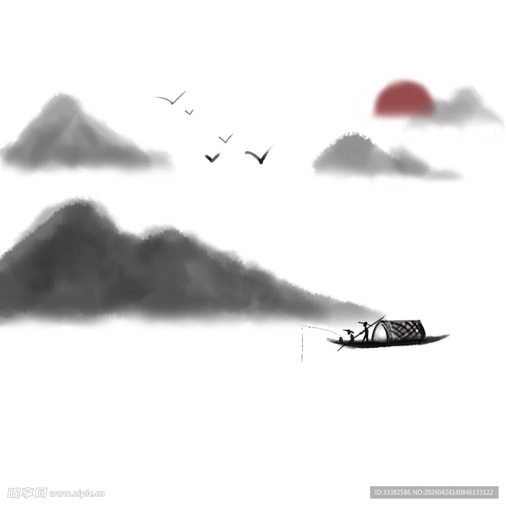 水墨山水间的孤舟落日