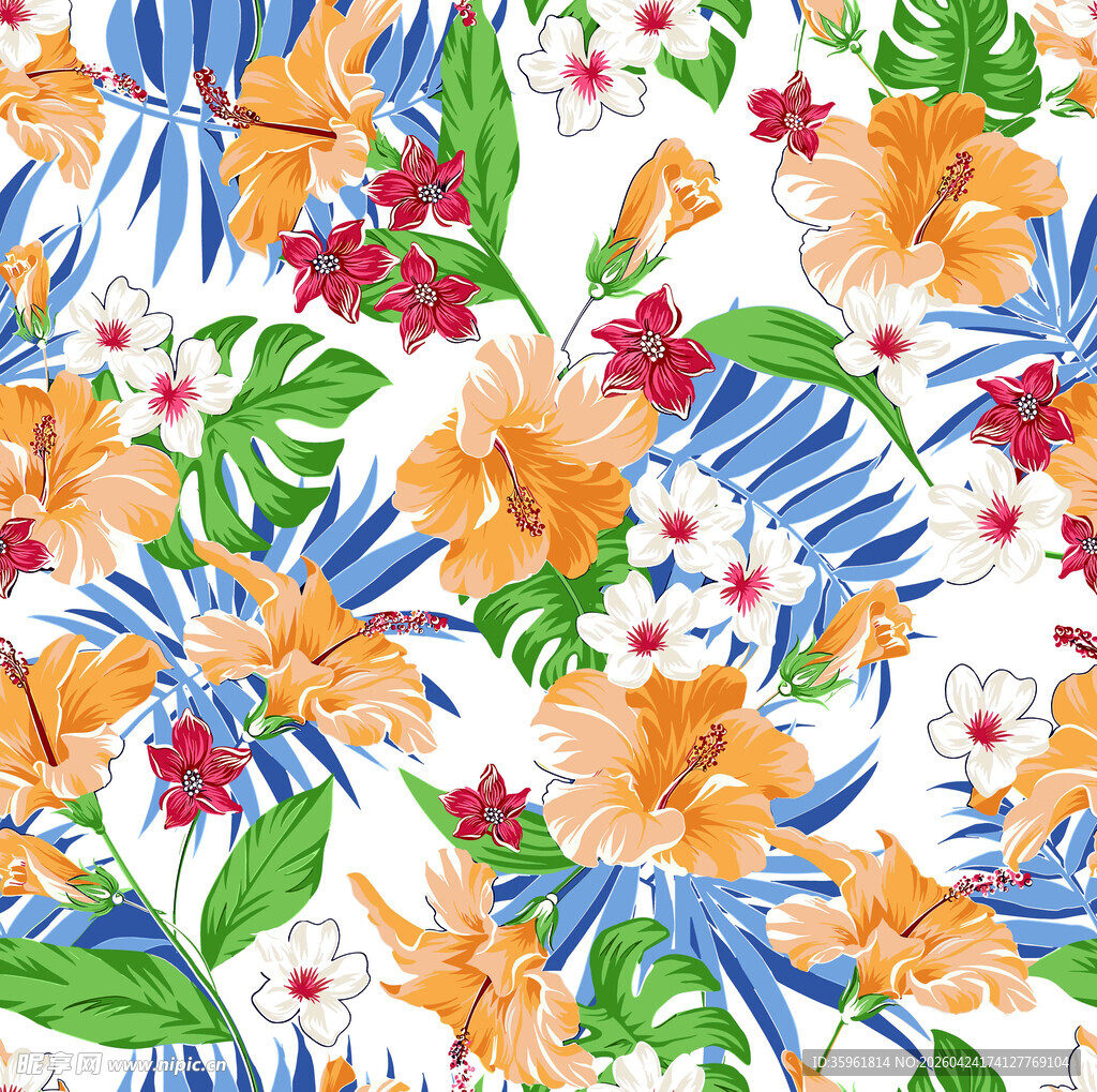 热带花卉图案印花布料