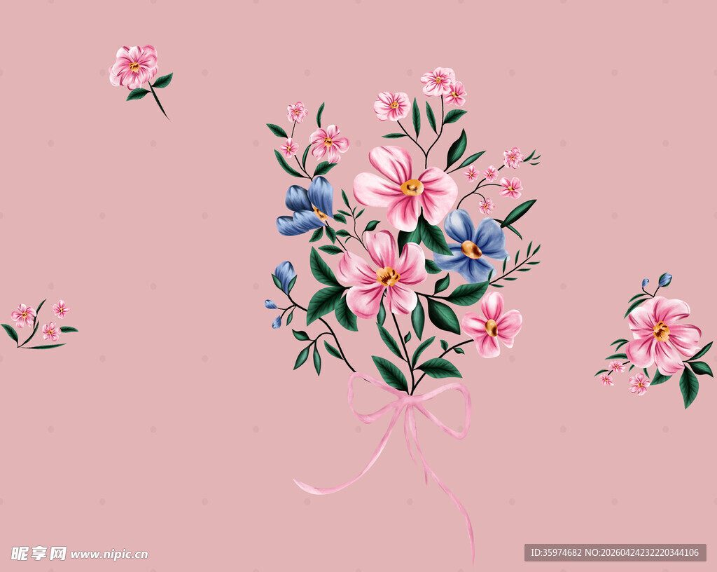 粉色背景花卉插画图案