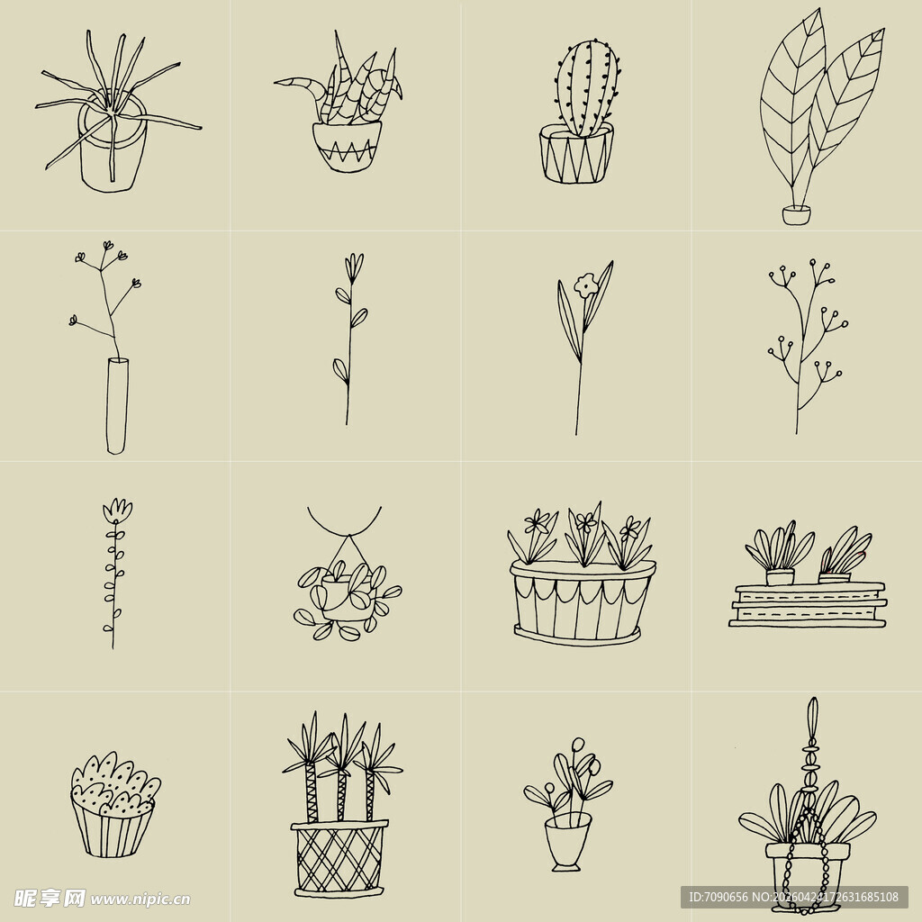 手绘植物盆栽插画