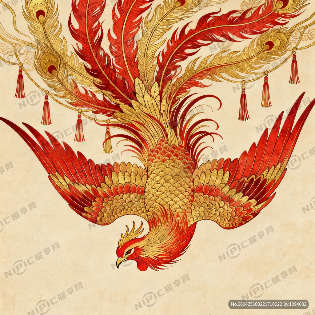 生成一副凤凰的插画 尾巴在上方