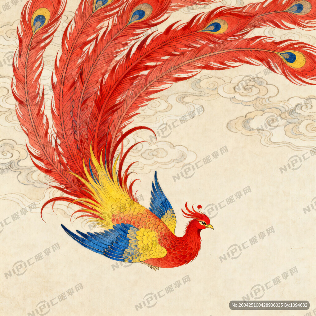 生成一副凤凰的插画 尾巴在上方