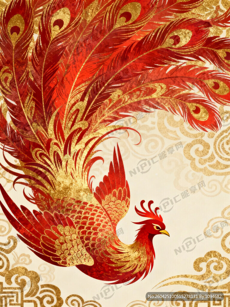 生成一副凤凰的插画 尾巴在上方