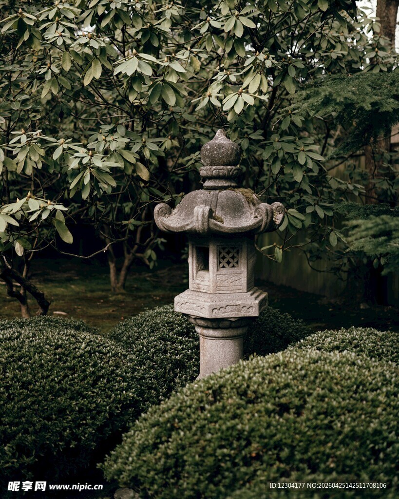 日式石灯笼隐于绿植间