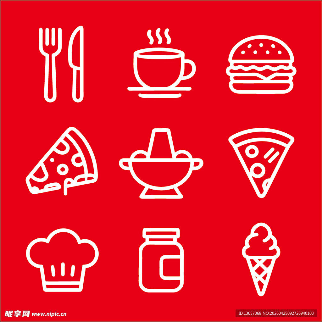 红色背景的餐饮图标集合