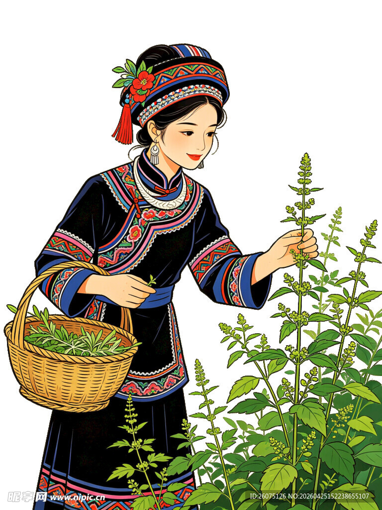 苗族女子药园采药图