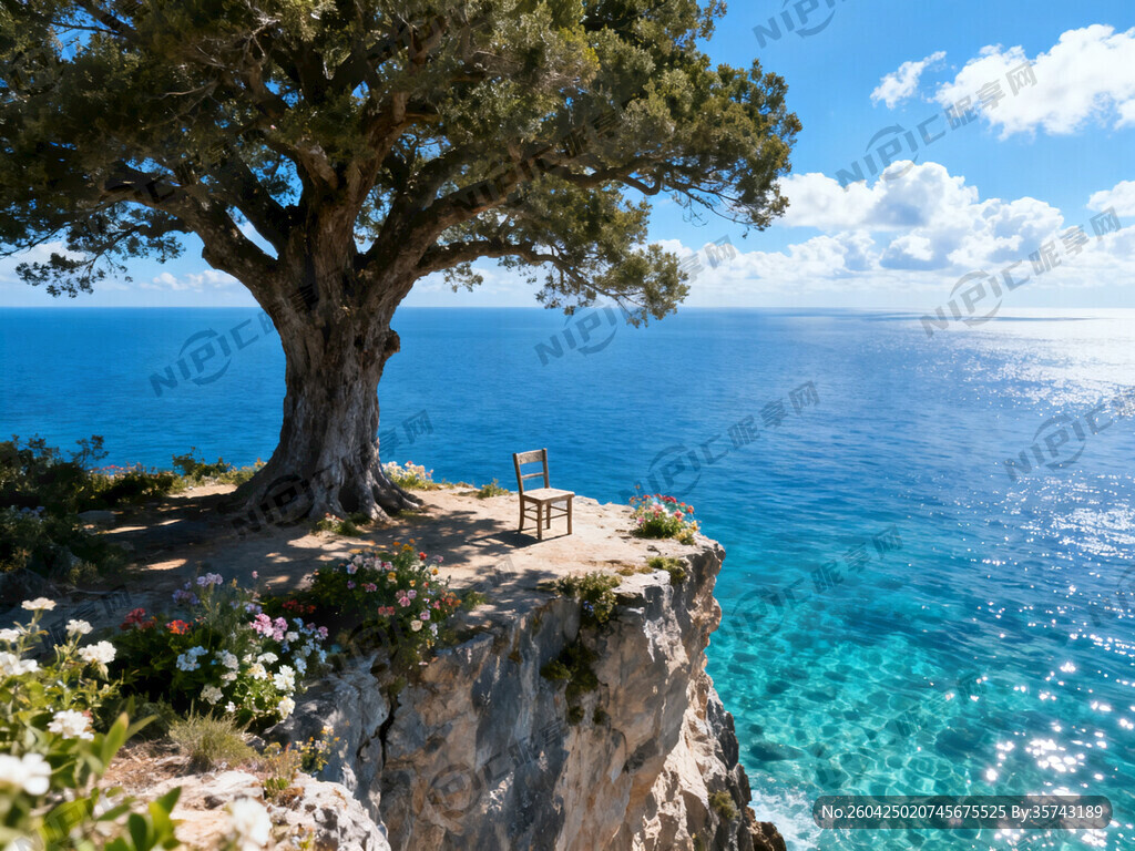 大海悬崖边 苍天大树下 花卉