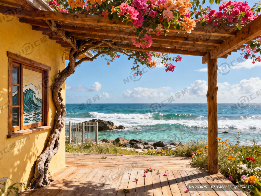 海边小屋 原木遮阳屋檐 大海