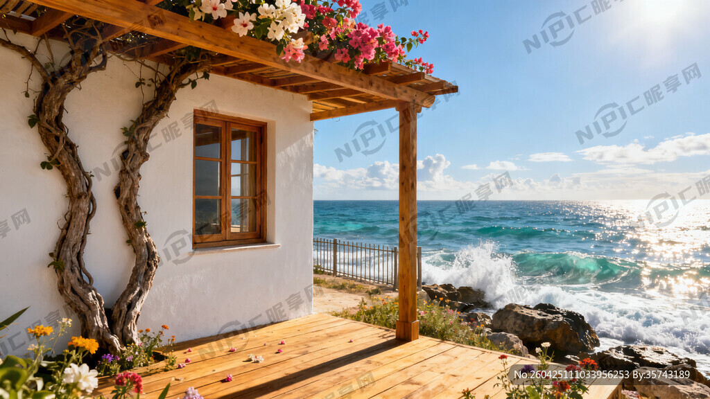 海边小屋 原木遮阳屋檐 大海